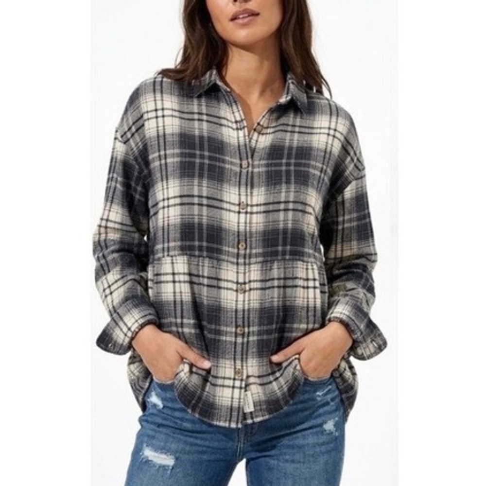 American Eagle Plaid Peplum Button Down Shirt Navy Cream Small